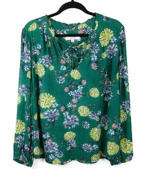 LOFT Green Floral Peasant Blouse XXL Boho Tie Neck Lightweight